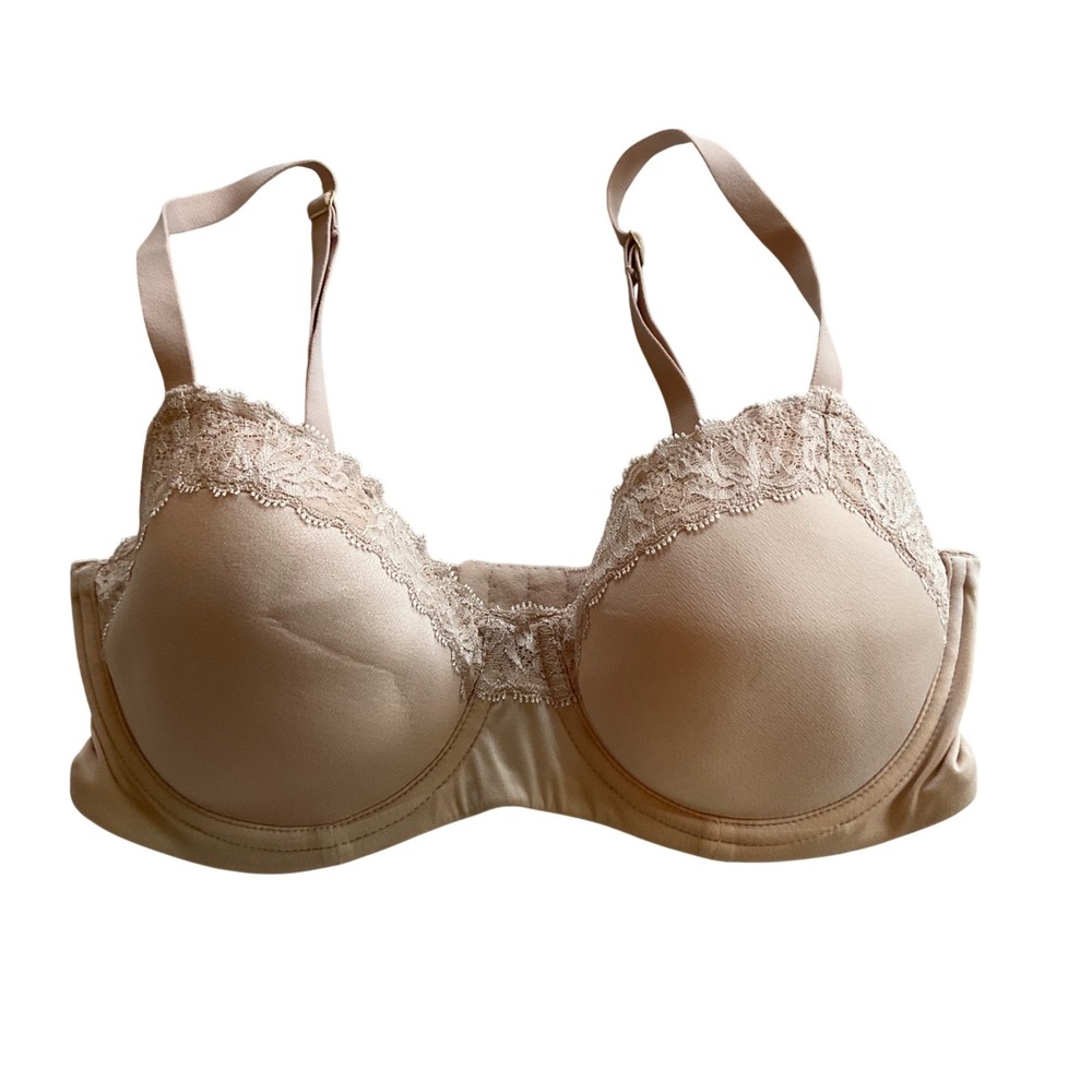Natori Lace Trim T-Shirt Bra Womens 34D Beige Tan Underwire Adjustable Straps